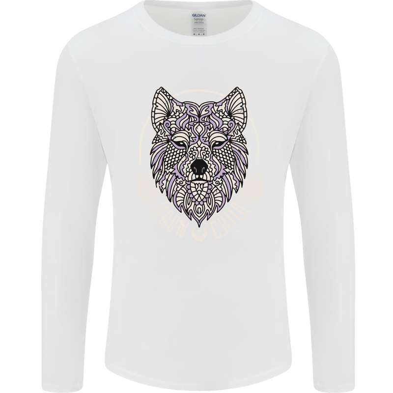 Mandala Wolf Mens Long Sleeve T-Shirt White