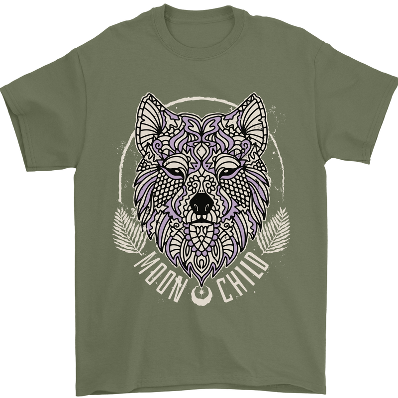 Mandala Wolf Mens T-Shirt 100% Cotton Military Green
