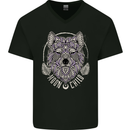 Mandala Wolf Mens V-Neck Cotton T-Shirt Black