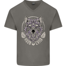Mandala Wolf Mens V-Neck Cotton T-Shirt Charcoal