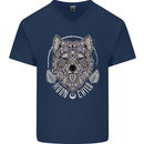Mandala Wolf Mens V-Neck Cotton T-Shirt Navy Blue