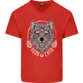 Mandala Wolf Mens V-Neck Cotton T-Shirt Red