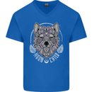 Mandala Wolf Mens V-Neck Cotton T-Shirt Royal Blue