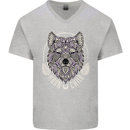 Mandala Wolf Mens V-Neck Cotton T-Shirt Sports Grey