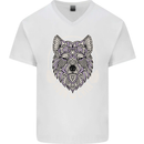 Mandala Wolf Mens V-Neck Cotton T-Shirt White