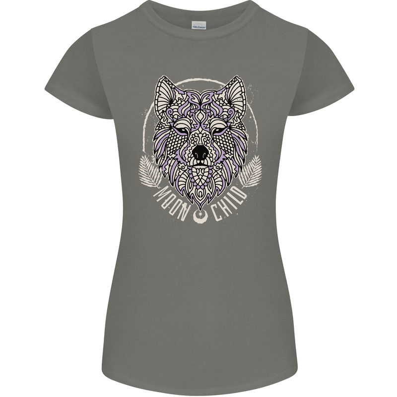 Mandala Wolf Womens Petite Cut T-Shirt Charcoal