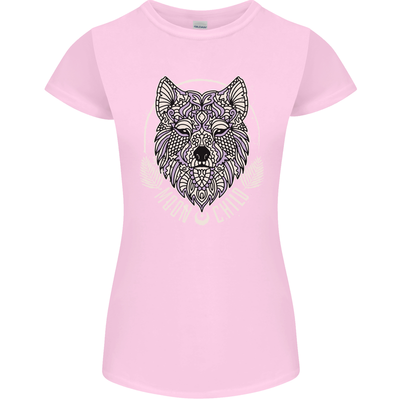 Mandala Wolf Womens Petite Cut T-Shirt Light Pink