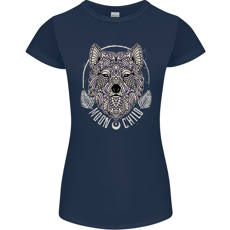 Mandala Wolf Womens Petite Cut T-Shirt Navy Blue