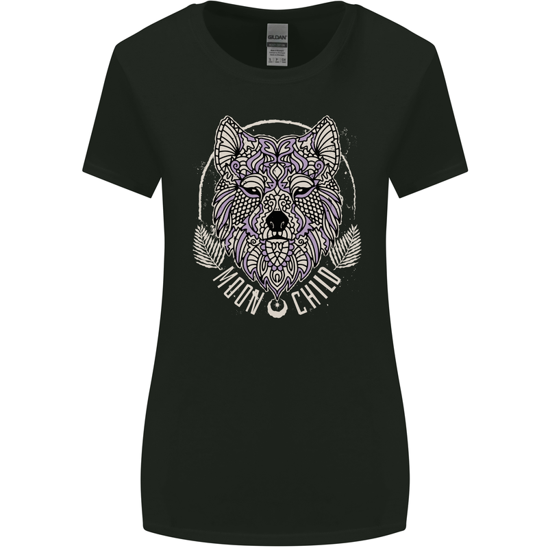 Mandala Wolf Womens Wider Cut T-Shirt Black