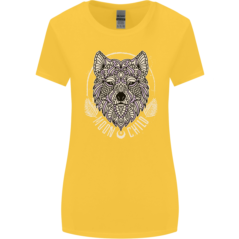 Mandala Wolf Womens Wider Cut T-Shirt Yellow