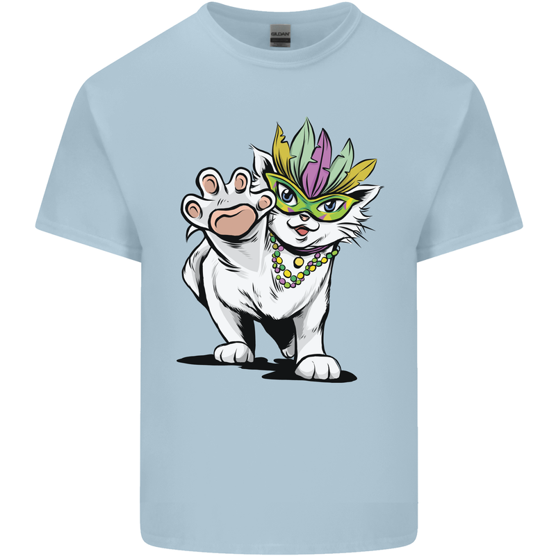 Mardi Gras Festival Cat Mens Cotton T-Shirt Tee Top Light Blue