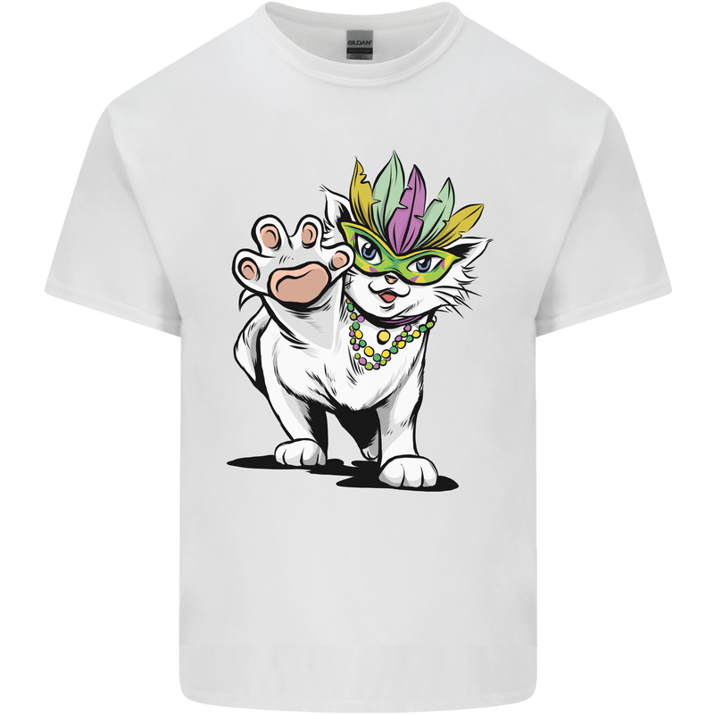 Mardi Gras Festival Cat Mens Cotton T-Shirt Tee Top White