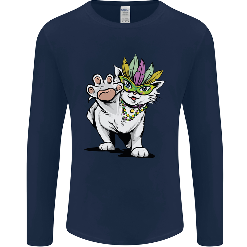 Mardi Gras Festival Cat Mens Long Sleeve T-Shirt Navy Blue