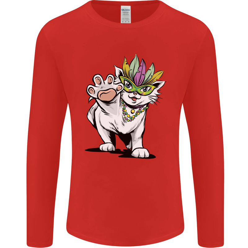 Mardi Gras Festival Cat Mens Long Sleeve T-Shirt Red