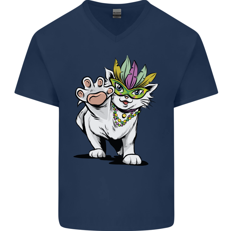 Mardi Gras Festival Cat Mens V-Neck Cotton T-Shirt Navy Blue