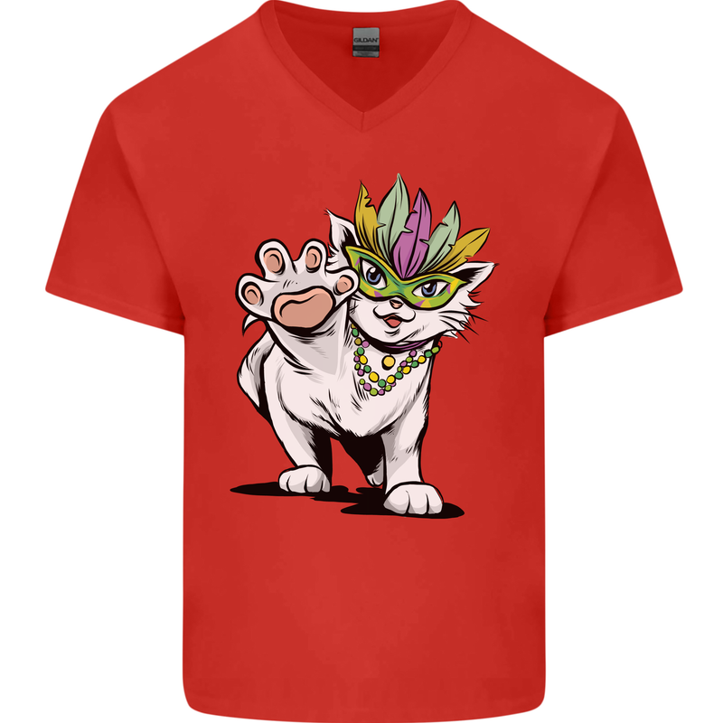 Mardi Gras Festival Cat Mens V-Neck Cotton T-Shirt Red