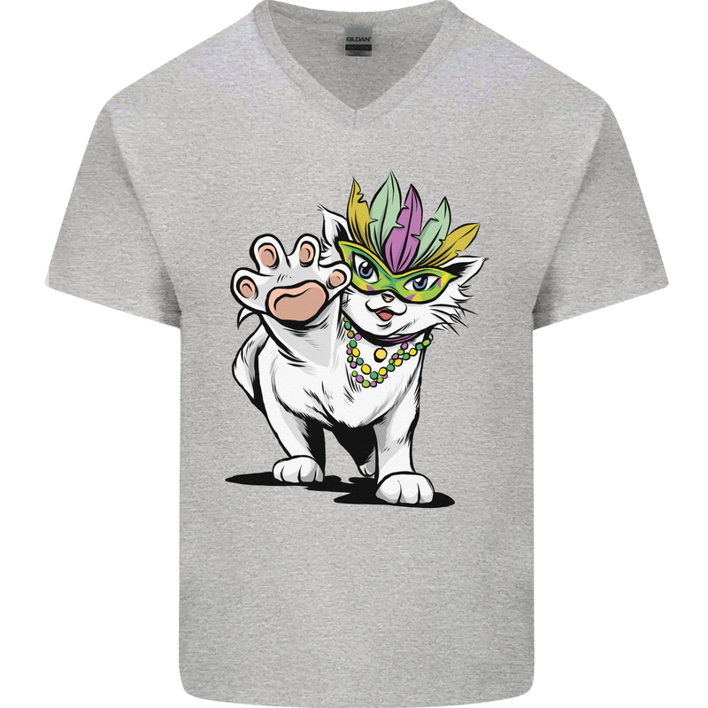 Mardi Gras Festival Cat Mens V-Neck Cotton T-Shirt Sports Grey