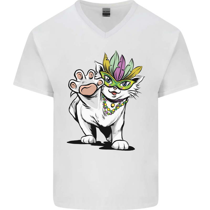 Mardi Gras Festival Cat Mens V-Neck Cotton T-Shirt White