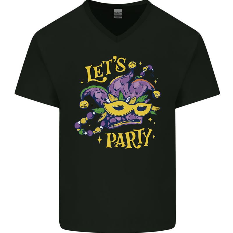 Mardi Gras Lets Party Mens V-Neck Cotton T-Shirt Black
