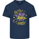 Mardi Gras Lets Party Mens V-Neck Cotton T-Shirt Navy Blue