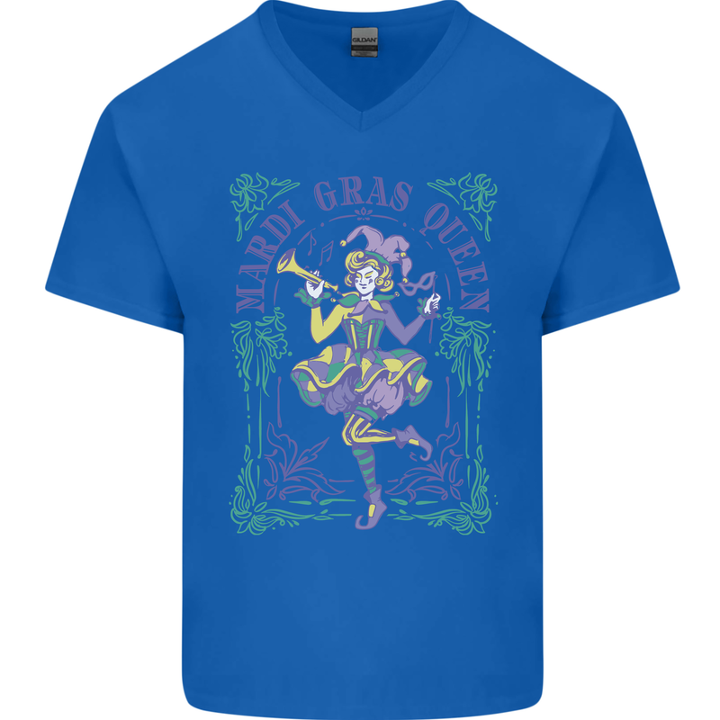 Mardi Gras Queen Mens V-Neck Cotton T-Shirt Royal Blue
