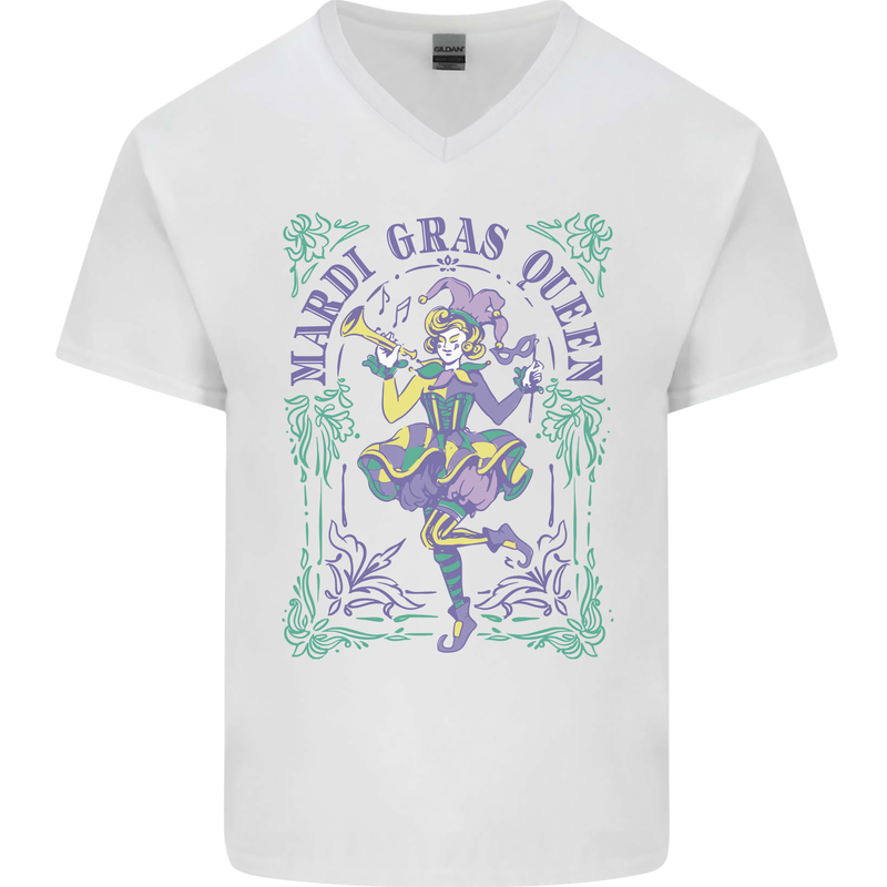 Mardi Gras Queen Mens V-Neck Cotton T-Shirt White