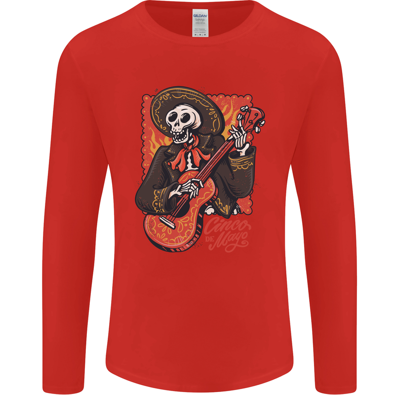 Mariachi Skeleton Cinco De Mayo Skull Mens Long Sleeve T-Shirt Red
