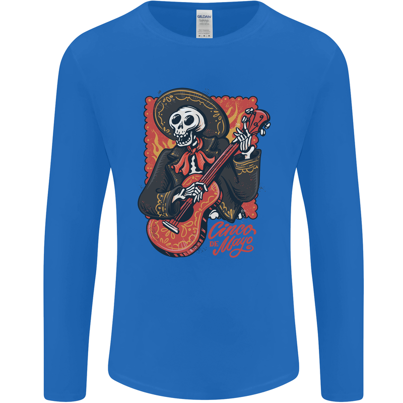 Mariachi Skeleton Cinco De Mayo Skull Mens Long Sleeve T-Shirt Royal Blue