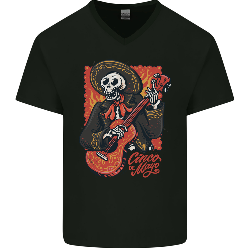 Mariachi Skeleton Cinco De Mayo Skull Mens V-Neck Cotton T-Shirt Black
