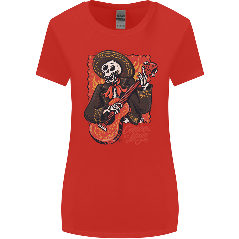 Mariachi Skeleton Cinco De Mayo Skull Womens Wider Cut T-Shirt Red