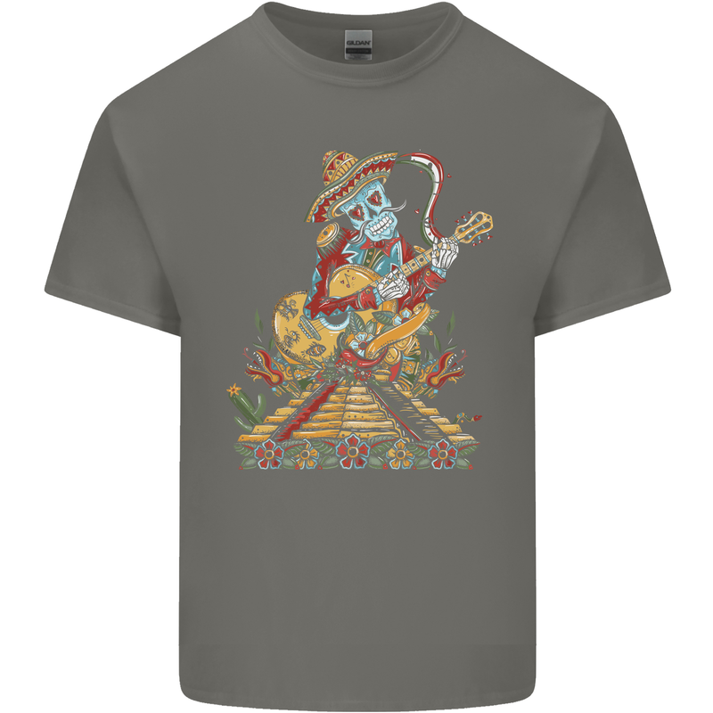 Mariachi Sugar Skull Day of the Dead Guitar Kids T-Shirt Childrens Charcoal