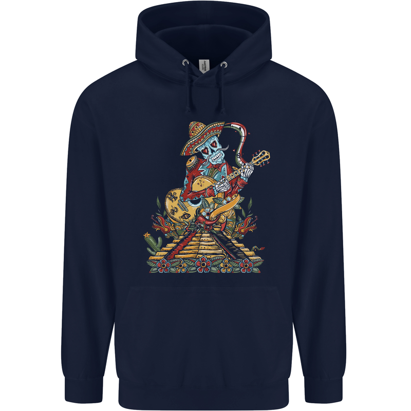 Mariachi Sugar Skull Day of the Dead Guitar Mens 80% Cotton Hoodie Navy Blue