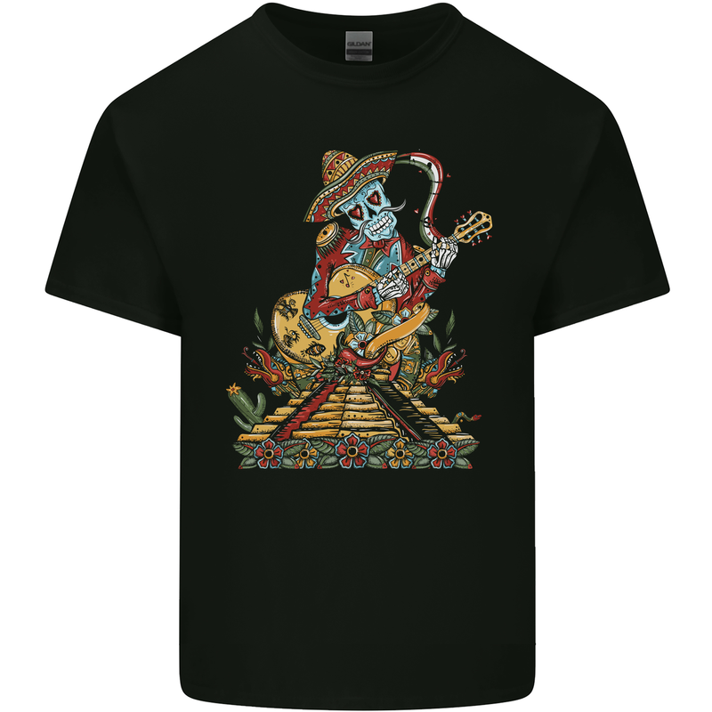 Mariachi Sugar Skull Day of the Dead Guitar Mens Cotton T-Shirt Tee Top Black
