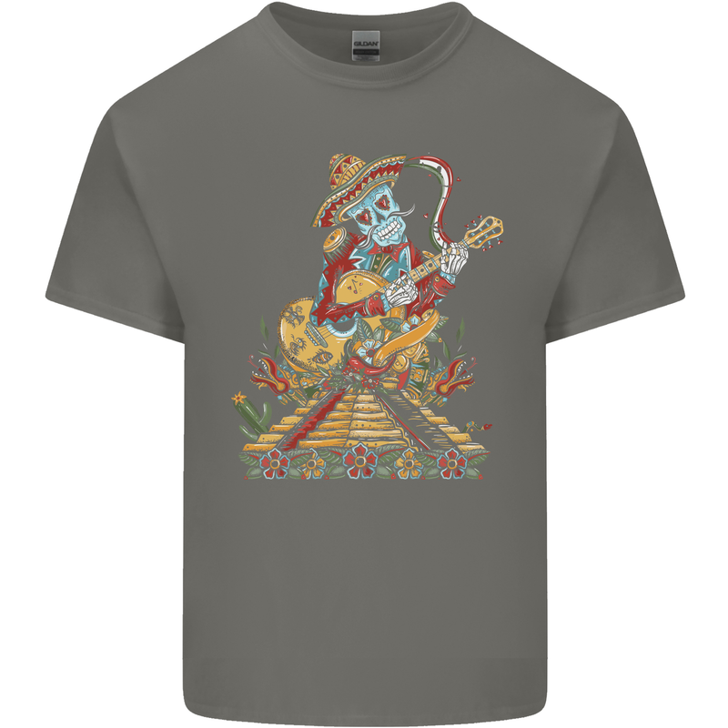 Mariachi Sugar Skull Day of the Dead Guitar Mens Cotton T-Shirt Tee Top Charcoal
