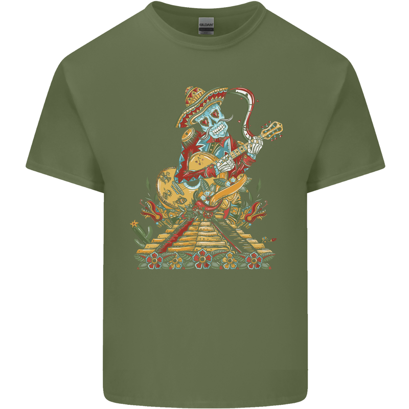 Mariachi Sugar Skull Day of the Dead Guitar Mens Cotton T-Shirt Tee Top Military Green