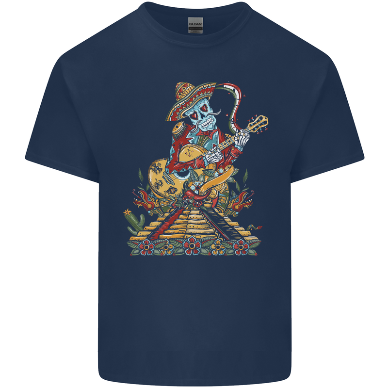 Mariachi Sugar Skull Day of the Dead Guitar Mens Cotton T-Shirt Tee Top Navy Blue