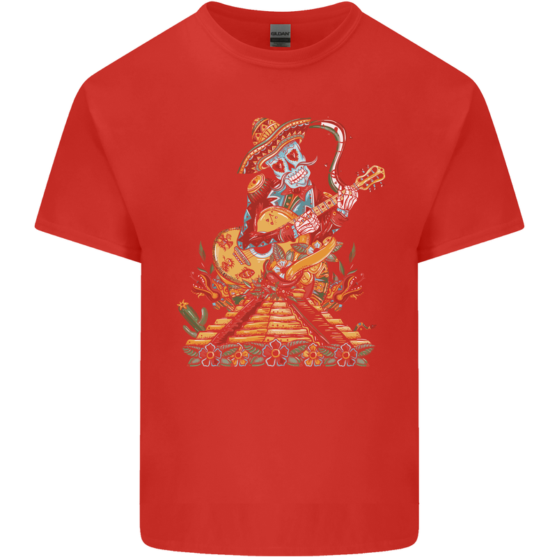 Mariachi Sugar Skull Day of the Dead Guitar Mens Cotton T-Shirt Tee Top Red
