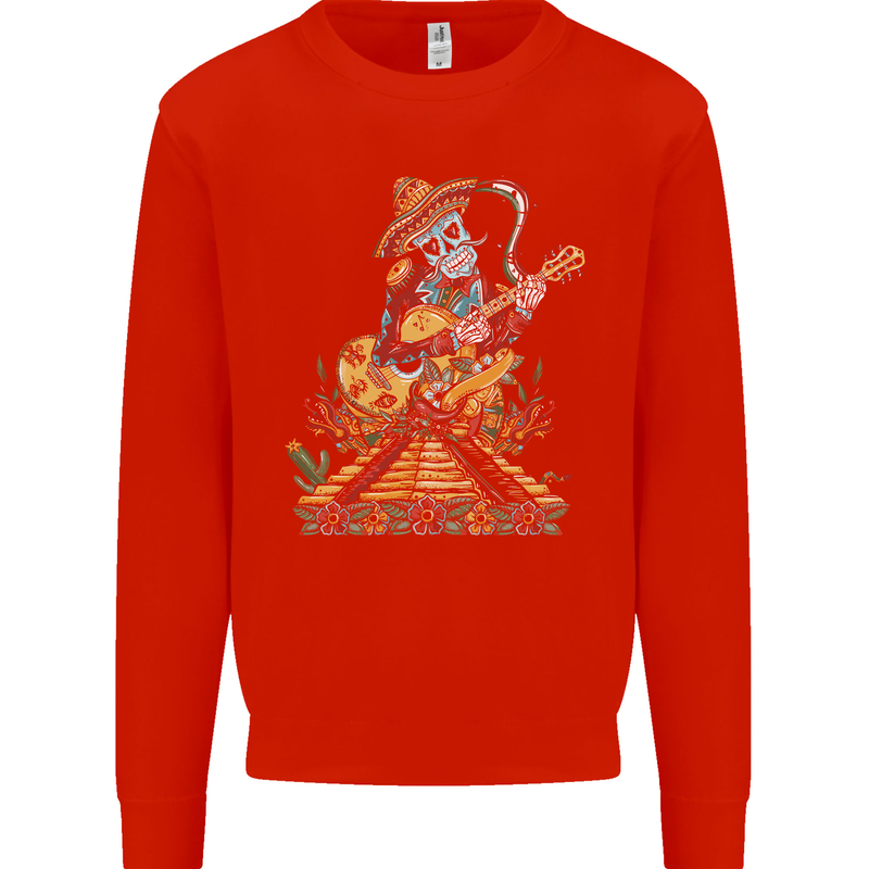Mariachi Sugar Skull Day of the Dead Guitar Mens Sweatshirt Jumper Bright Red