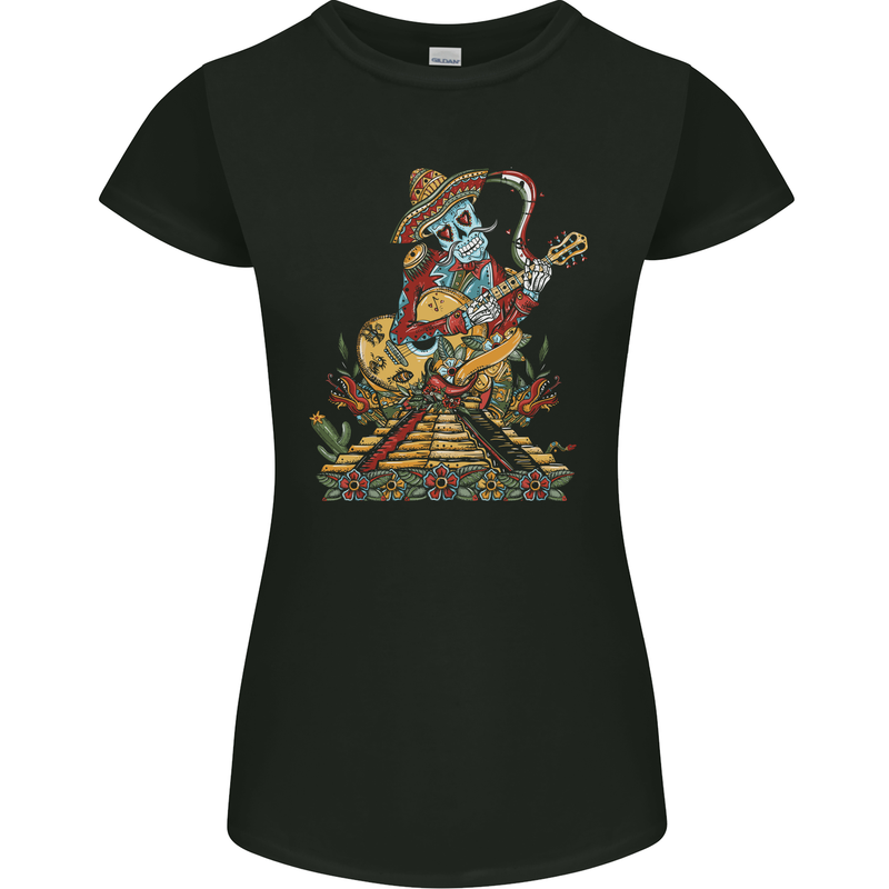 Mariachi Sugar Skull Day of the Dead Guitar Womens Petite Cut T-Shirt Black