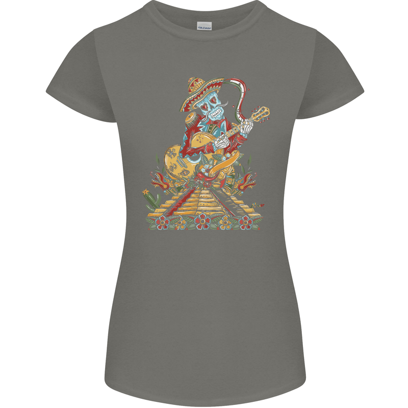 Mariachi Sugar Skull Day of the Dead Guitar Womens Petite Cut T-Shirt Charcoal