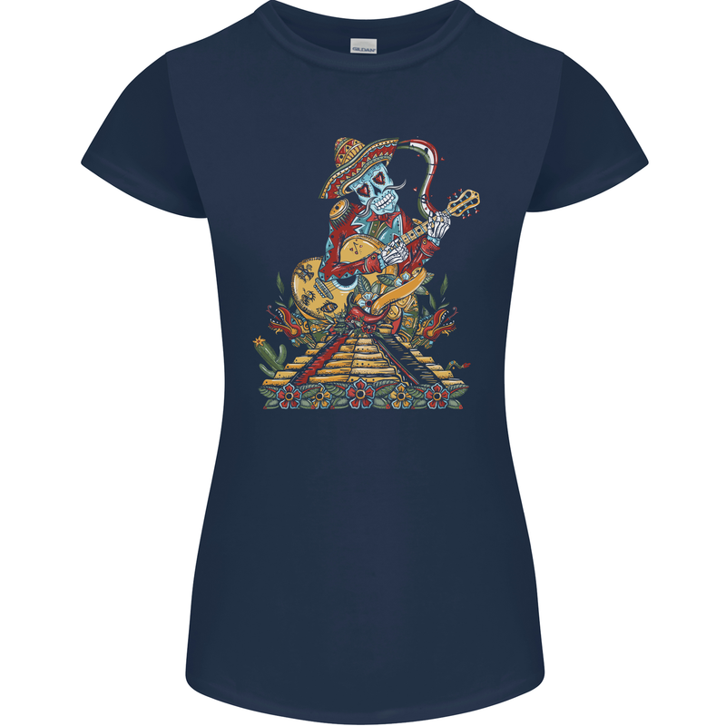 Mariachi Sugar Skull Day of the Dead Guitar Womens Petite Cut T-Shirt Navy Blue