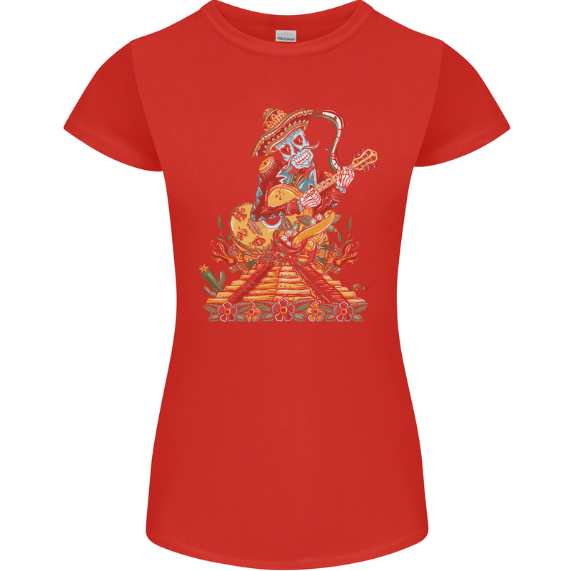 Mariachi Sugar Skull Day of the Dead Guitar Womens Petite Cut T-Shirt Red