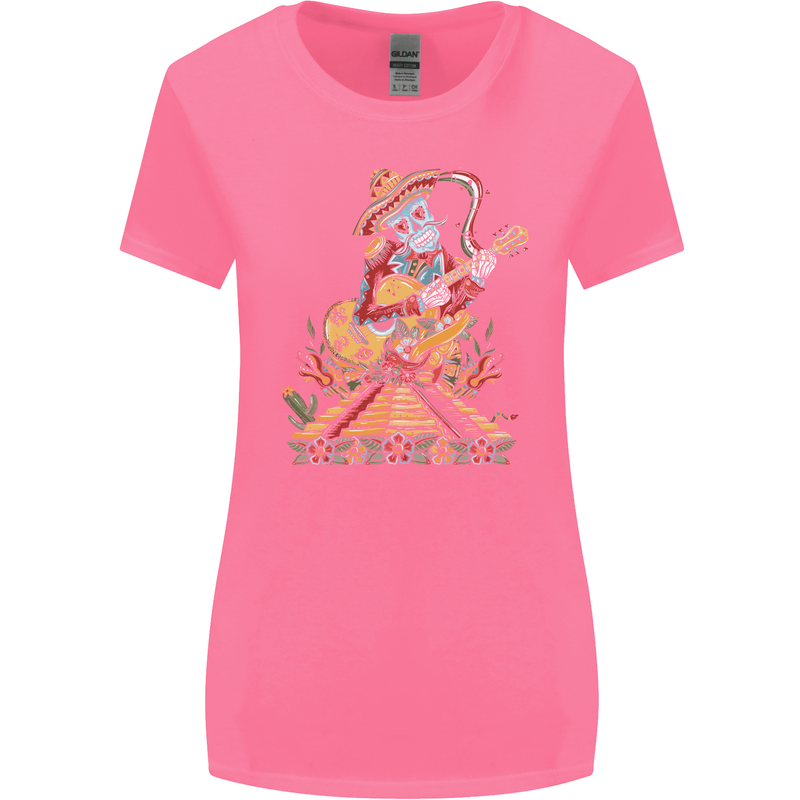 Mariachi Sugar Skull Day of the Dead Guitar Womens Wider Cut T-Shirt Azalea