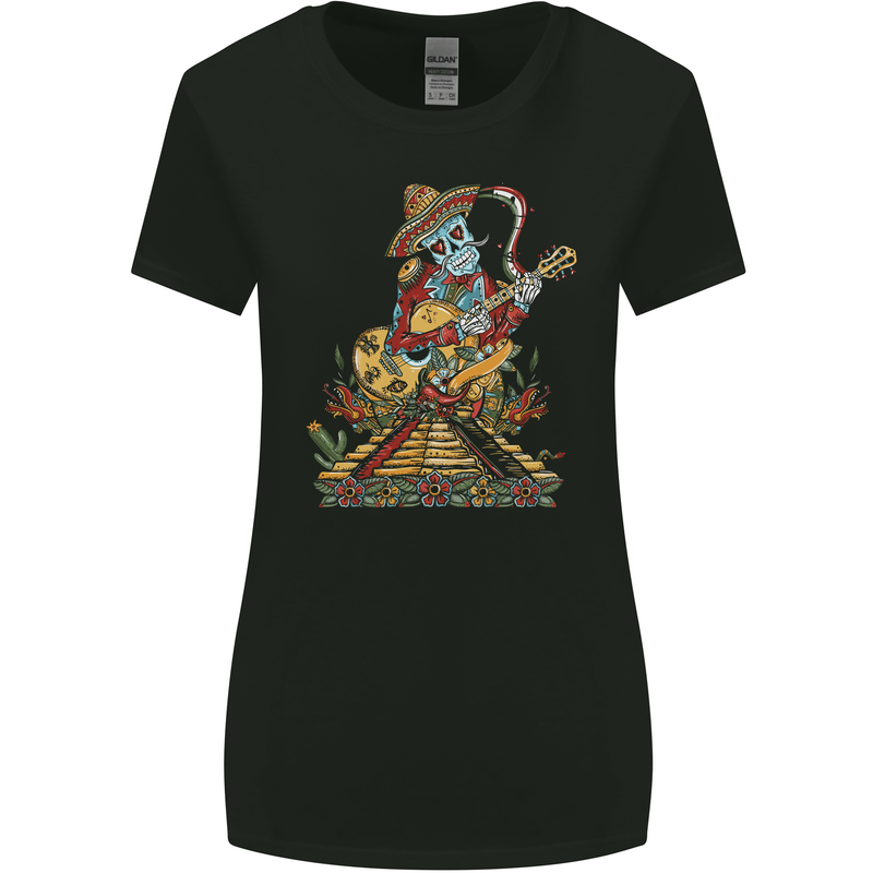 Mariachi Sugar Skull Day of the Dead Guitar Womens Wider Cut T-Shirt Black