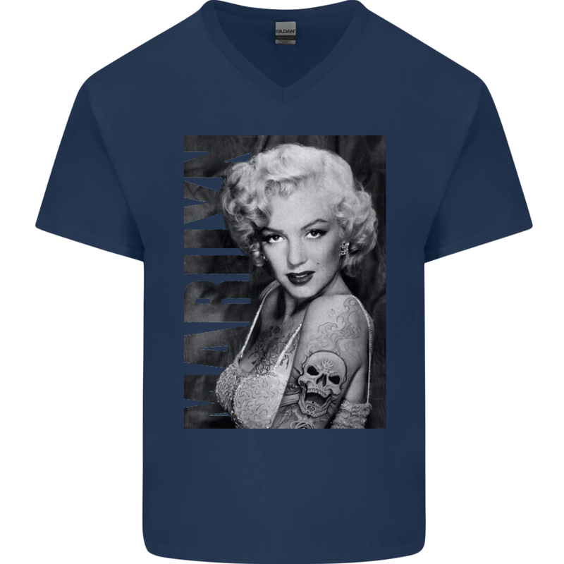 Marilyn Tattoo Mens V-Neck Cotton T-Shirt Navy Blue