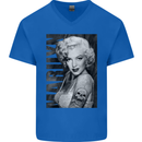 Marilyn Tattoo Mens V-Neck Cotton T-Shirt Royal Blue