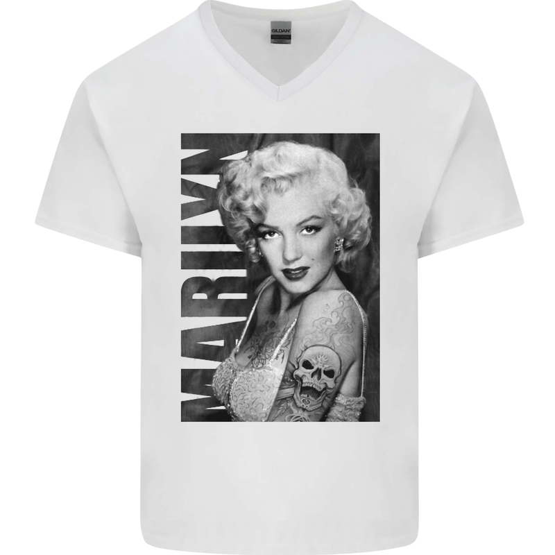 Marilyn Tattoo Mens V-Neck Cotton T-Shirt White