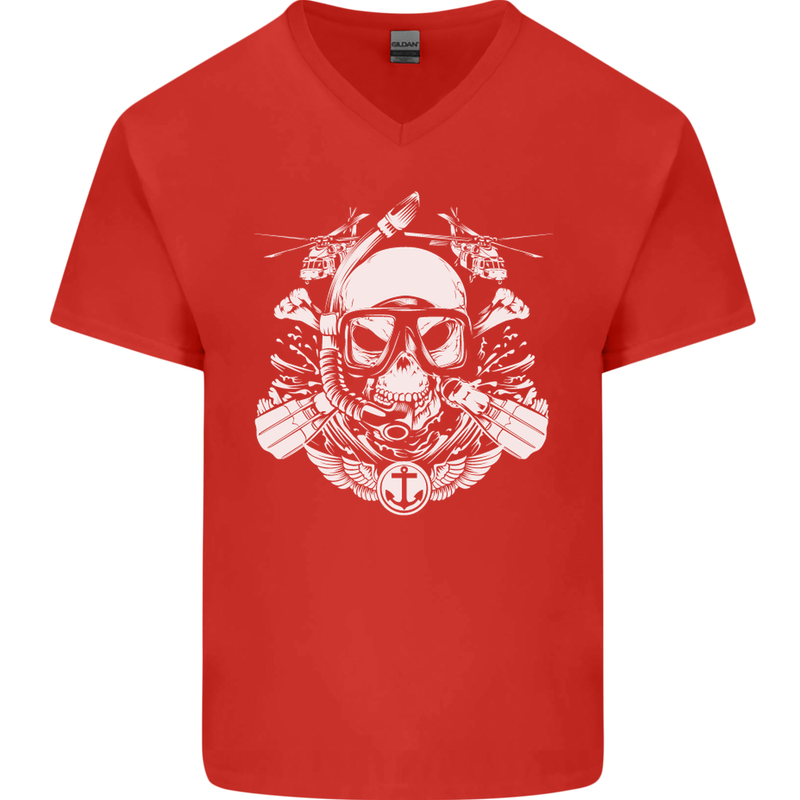 Marine Scuba Diver Navy Seals SBS Diving Mens V-Neck Cotton T-Shirt Red