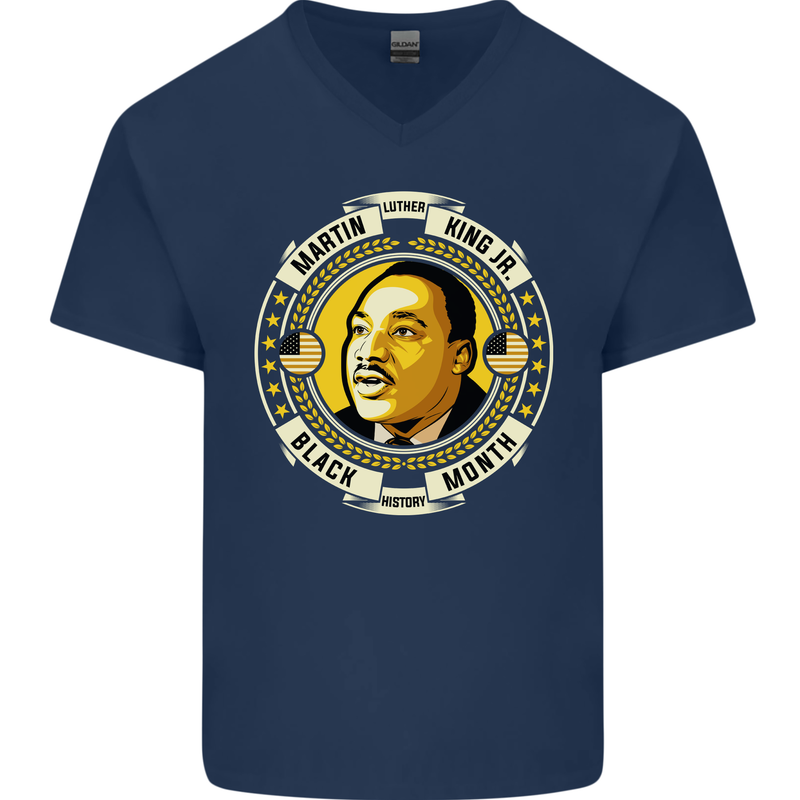Martin Luther King Black History Month Mens V-Neck Cotton T-Shirt Navy Blue