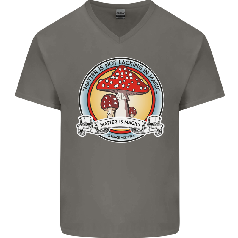 Matter Is Not Lacking in Magic Mushroom LSD Mens V-Neck Cotton T-Shirt Charcoal